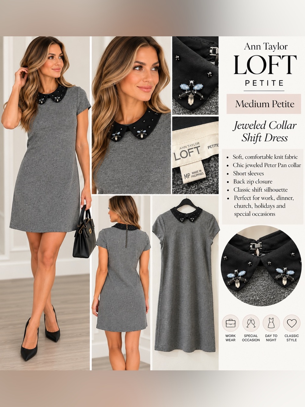 Ann Taylor LOFT Petite Gray Jeweled Peter Pan Collar Shift Dress Size MP